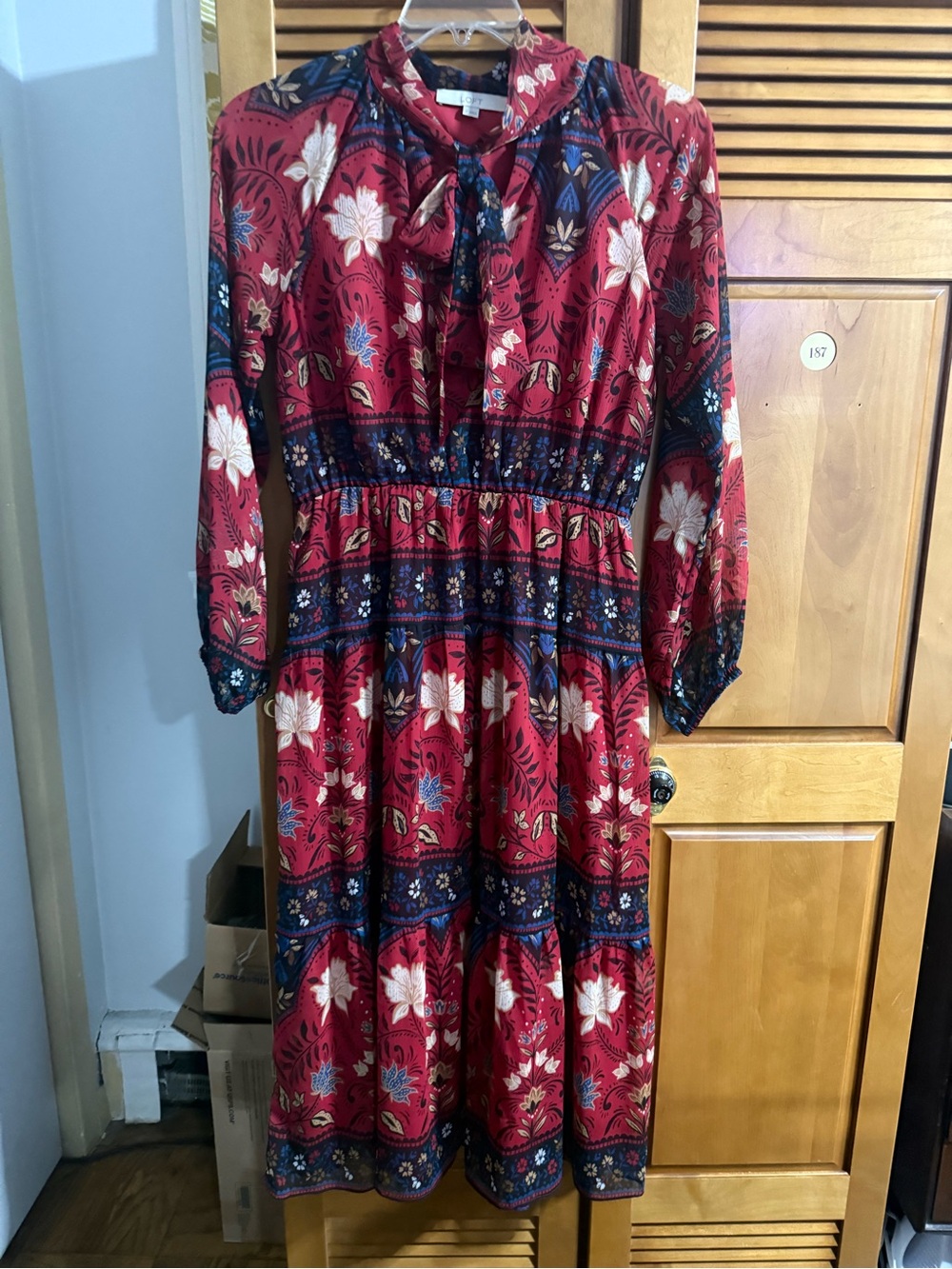 LOFT Red Floral Tie-Front Midi Dress